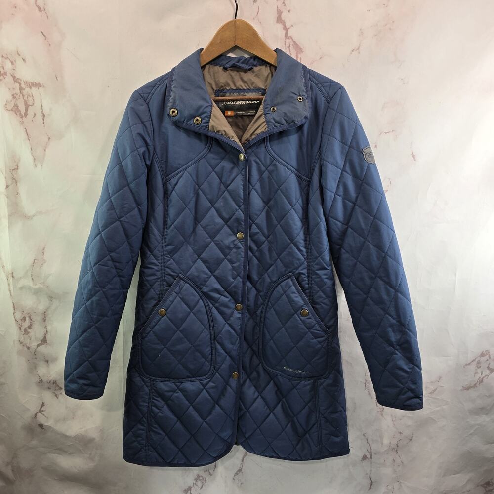 Eddie Bauer Puffer Jacket Womens Small Synthetic Parka Coat Long Blue Snap